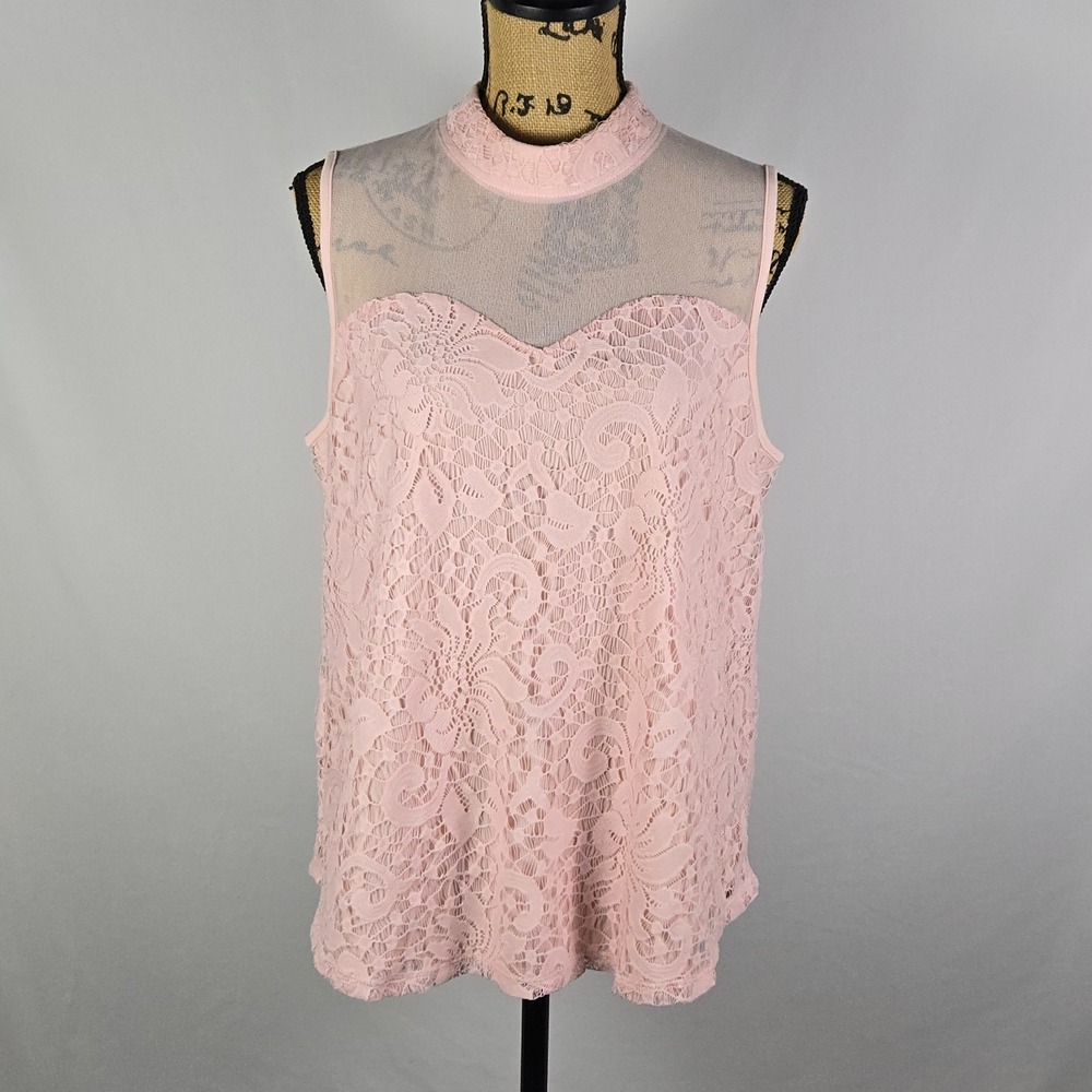 Eve & Maddie Pink Floral Lace Mesh Mock Neck Top XL Sleeveless Coquette Keyhole